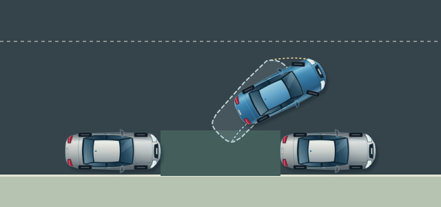 Normal overhead view of the same car and parking gap, showing how the front and rear move along different paths.